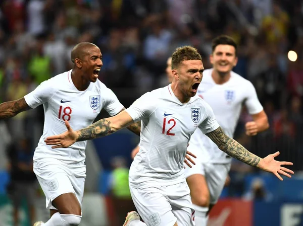 Kieran Trippier Frente Inglaterra Comemora Com Companheiros Equipe Depois Marcar — Fotografia de Stock