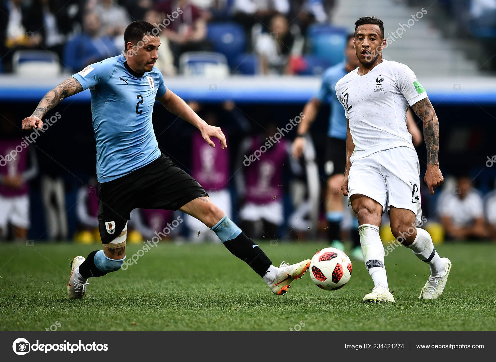 Jose Maria Gimenez Left Uruguay Passes Ball Corentin Tolisso France