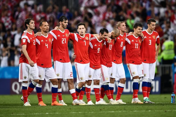 Die Spieler Russlands Reagieren Während Eines Strafstoßes Gegen Kroatien Ihrem — Stockfoto