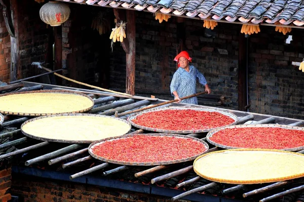 Chinese Villagers Dry Hot Peppers Corns Chrysanthemum Flowers Other Crops — Stock Photo, Image