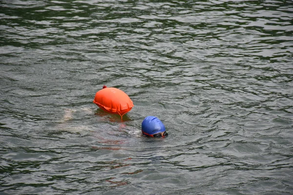 Amante Natación Local Nada Estanque Del Palacio Verano Ignorando Advertencia — Foto de Stock