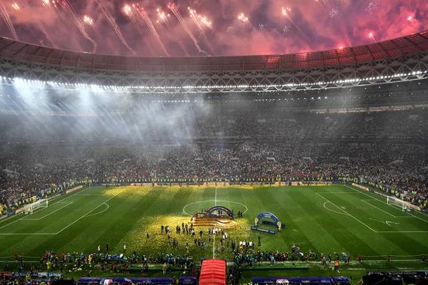 Fajerwerki Wybuchają Stadionie Łużniki Francji Pokonał Chorwacja Finałowym Meczu 2018 — Zdjęcie stockowe