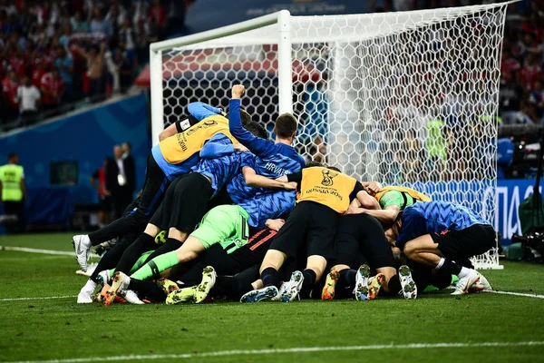 Kroatiens Spieler Feiern Ihren Sieg Gegen Russland Ihrem Viertelfinalspiel Bei — Stockfoto
