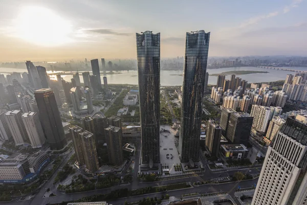 Cityscape Van Twin Tower Met Werelds Grootste Led Muur Met — Stockfoto