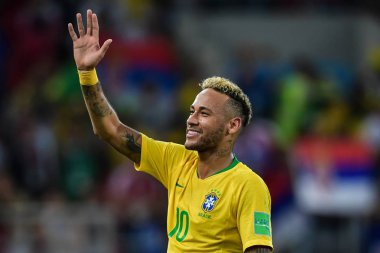Neymar of Brazil greets fans after his team defeated Serbia in their Group E match during the FIFA World Cup 2018 in Moscow, Russia, 27 June 2018 clipart