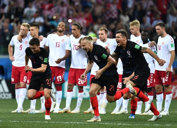 Jogadores Croácia Comemoram Depois Derrotar Dinamarca Rodada Jogos Durante Copa — Fotografia de Stock