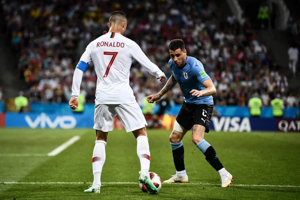 Cristiano Ronaldo Portugal Dribbles Ball Uruguay Match Uruguay Portugal 2018 — Stock Photo, Image