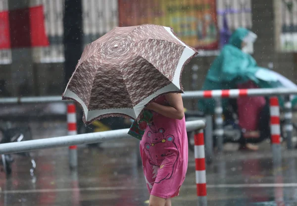 Gyalogos Árnyékolás Magát Egy Esernyő Braves Erős Szél Nehéz Zápor — Stock Fotó