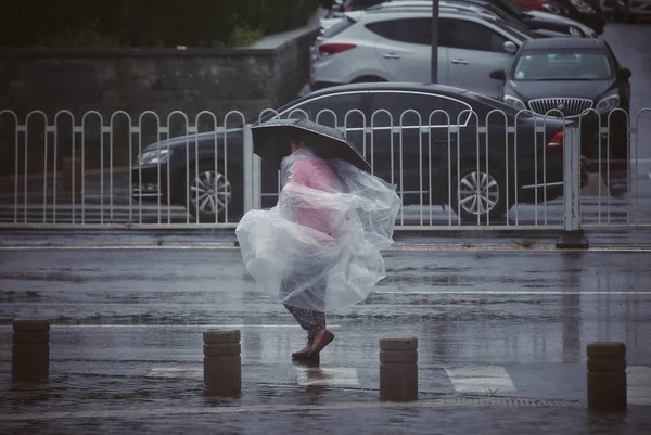 2018年7月24日 中国北京 一位行人冒着强风和暴雨 为今年第10号台风 安皮尔 带来的强风和大雨 — 图库照片