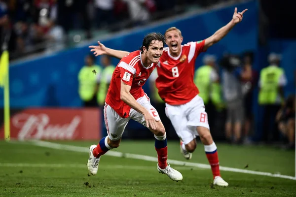 Mario Fernandes Rusia Reacciona Después Anotar Penal Contra Croacia Partido — Foto de Stock