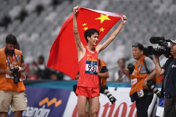 Wang China Celebrates Winning Men High Jump Final Athletics 2018 — Stock Photo, Image