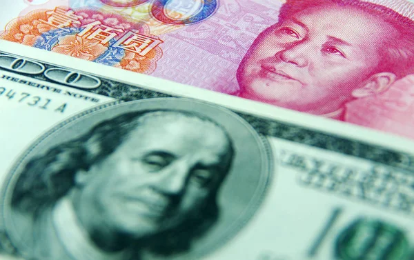 Vista Del Dólar Estadounidense Los Billetes Yuan Renminbi Ciudad Nan — Foto de Stock