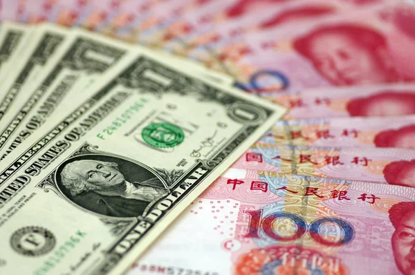 Vista Los Billetes Dólar Estadounidense Yuan Renminbi Ciudad Nan Provincia — Foto de Stock
