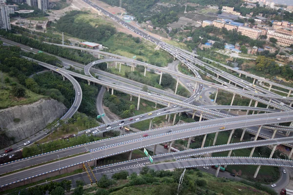 Nesta Vista Aérea Carros Dirigem Viaduto Huangjuewan Cinco Níveis Distrito — Fotografia de Stock