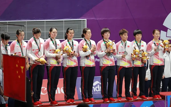 Medalhista Prata Equipe Badminton Feminino China Posar Cerimônia Premiação Final — Fotografia de Stock