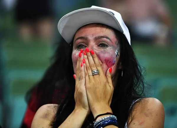 Aficionado Ruso Reacciona Partido Cuartos Final Contra Croacia Durante Copa —  Fotos de Stock