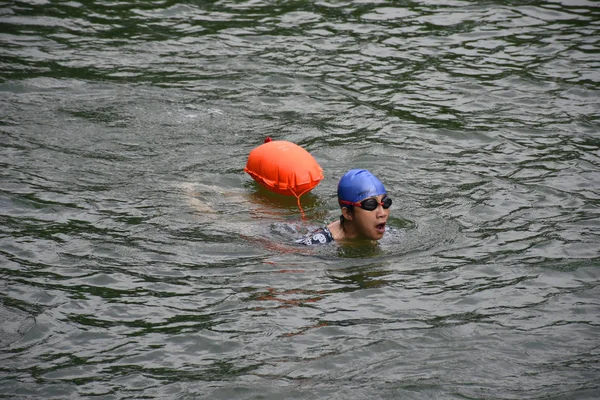 Amateur Natation Local Nage Dans Étang Palais Été Ignorant Avertissement — Photo