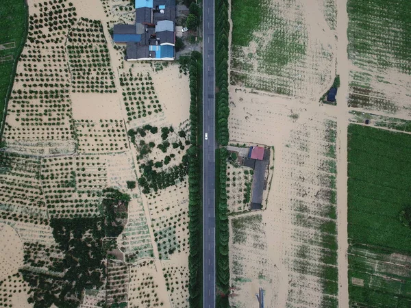 Flygfoto Över Fälten Nedsänkt Flodvattnet Som Orsakas Tunga Regnstorm Pujiang — Stockfoto