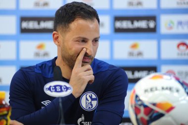 Head coach Domenico Tedesco of FC Schalke 04 attends a press conference before a friendly match against Southampton F.C. during the 2018 Clubs Super Cup in Kunshan city, east China's Jiangsu province, 4 July 2018. clipart