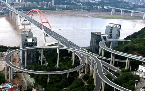 Cars Drive China Tallest Highway Interchange Sujiaba Interchange Which Meter — стоковое фото