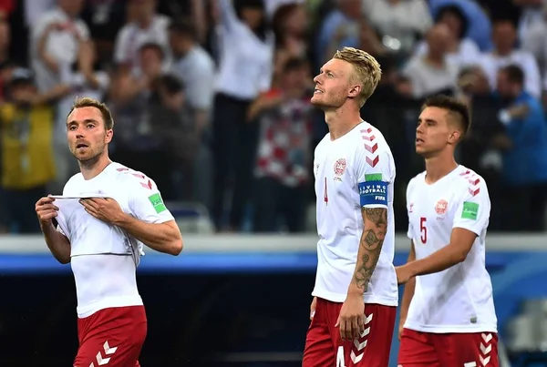 Jogadores Dinamarca Reagem Depois Serem Derrotados Pela Croácia Rodada Partidas — Fotografia de Stock