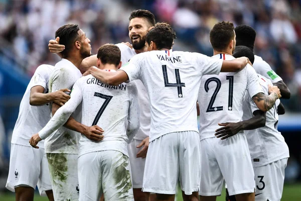 Players France Celebrate Defeating Uruguay Quarterfinal Match 2018 Fifa World — Stock Photo, Image