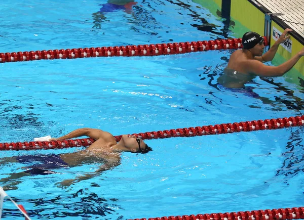 Hexin Číny Reaguje Poté Vyhrál Pánské 4X100 Štafetové Plavecké Finále — Stock fotografie