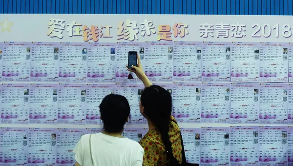 Mulheres Solteiras Assistir Tirar Fotos Cartazes Mostrando Informações Pessoais Homens — Fotografia de Stock