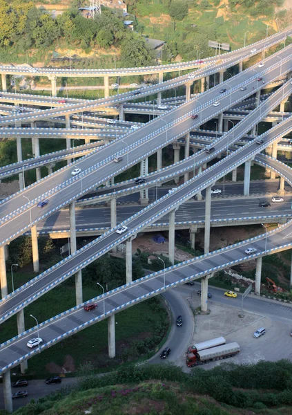 Deze Luchtfoto Auto Rijden Vijf Niveaus Huangjuewan Viaduct Nan District — Stockfoto
