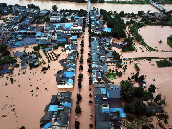 Вид Воздуха Жилые Дома Поля Затопленные Наводнением Вызванным Проливным Дождем — стоковое фото
