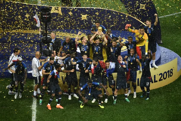 Jogadores Equipe França Comemoram Depois Que França Derrotou Croácia Sua — Fotografia de Stock