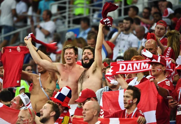 Danish Football Fans Shout Wave Flags Show Support Denmark Match — Stock Photo, Image