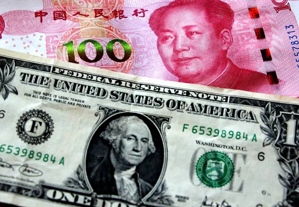 Rezydent Chiński Liczy Banknoty Usa Rmb Renminbi Juan Juana Mieście — Zdjęcie stockowe