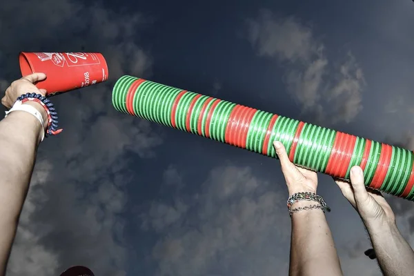 Football Fans Whole World Build Human Tower Order Stack Meter — Stock Photo, Image