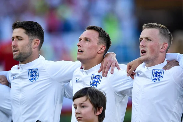Spieler Der Startformation Englands Singen Vor Dem Gruppenspiel Gegen Belgien — Stockfoto