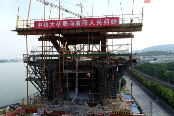 Vue Aérienne Site Construction Pont Rivière Cuijiaying Hanjiang Sur Chemin — Photo