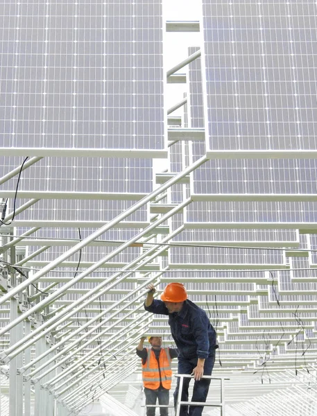 Trabajadores Chinos Instalan Paneles Solares Una Central Fotovoltaica Ciudad Lianyungang —  Fotos de Stock