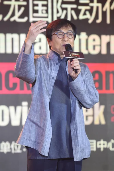Hong Kong Kongfu Star Jackie Chan Uczęszcza Konferencji Prasowej Dla — Zdjęcie stockowe