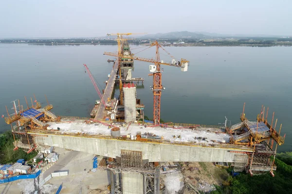 Vista Aérea Del Sitio Construcción Del Puente Del Río Cuijiaying — Foto de Stock