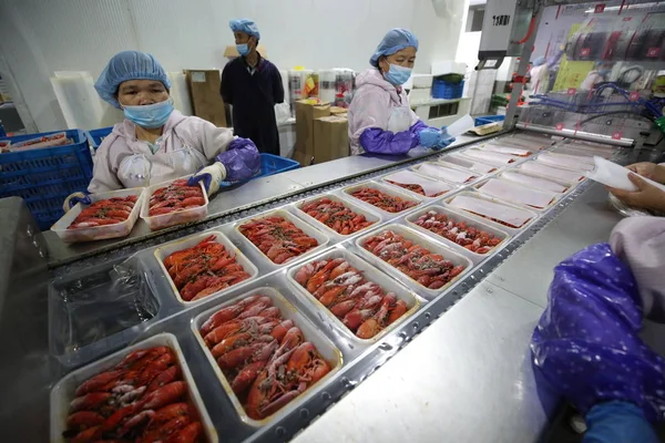 Chinesische Arbeiter Verpacken Krebse Die Während Der Weltmeisterschaft 2018 Russland — Stockfoto