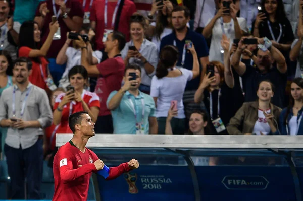 Cristiano Ronaldo Portugalia Cieszy Się Strzeleniu Gola Przeciwko Hiszpanii Meczu — Zdjęcie stockowe