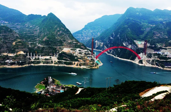 Luftaufnahme Der Baustelle Der Xiangxi Yangtze Brücke Kreis Zigui Stadt — Stockfoto