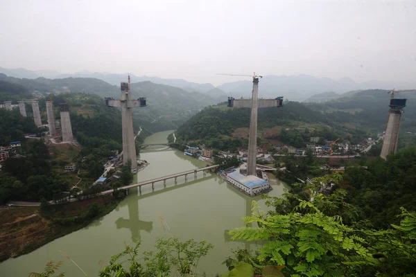 Puente Ferroviario Apengjiang Ferrocarril Qianjiang Zhangjiajie Changde Está Construcción Ciudad — Foto de Stock