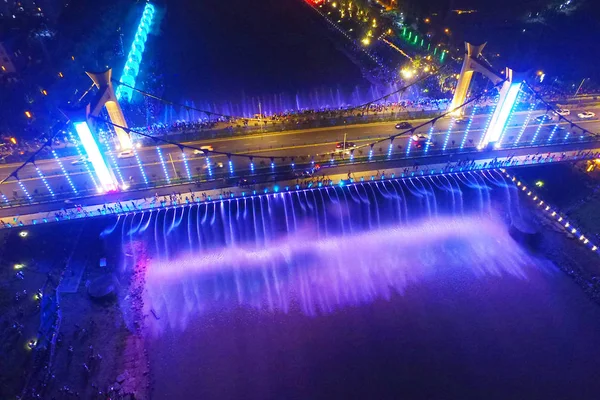 Flygfoto Över Bron Xiaolongwan Upplyst Färgglada Lampor Jiangning District Nanjing — Stockfoto