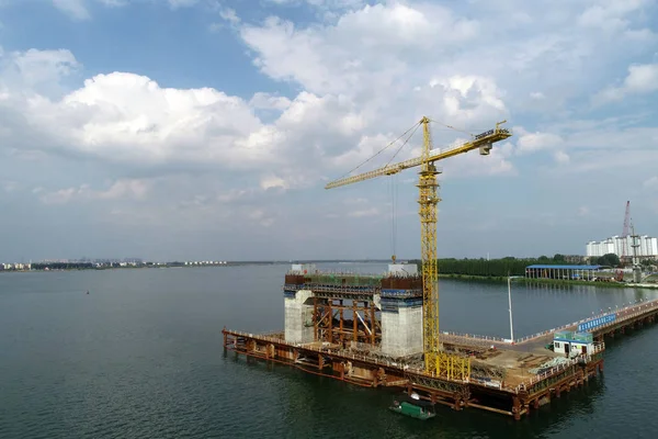 Vista Aérea Del Sitio Construcción Del Puente Colgante Panggong Ciudad — Foto de Stock