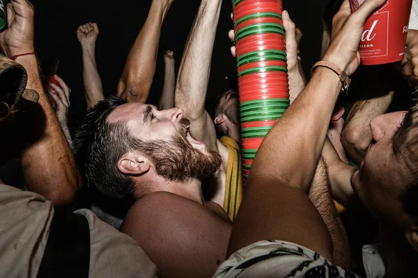 Football Fans Whole World Build Human Tower Order Stack Meter — Stock Photo, Image