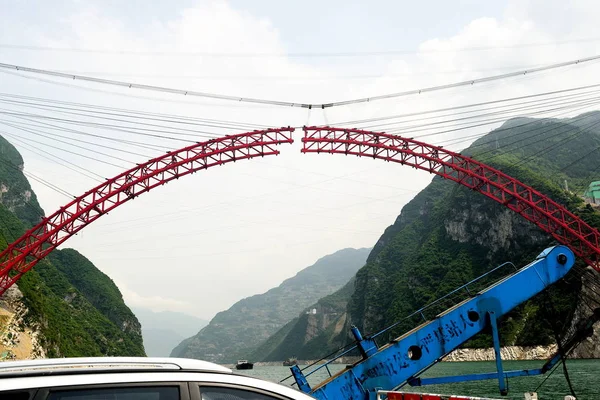 Vue Site Construction Pont Fleuve Xiangxi Yangtze Dans Comté Zigui — Photo