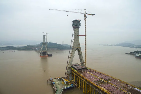Vue Aérienne Pont Zhoushan Fuchimen Construction Dans Ville Zhoushan Province — Photo