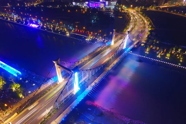 Вид Воздуха Мост Сяолунвань Освещенный Яркими Огнями Районе Цзяннин Город — стоковое фото