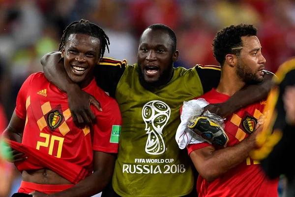 Jogadores Bélgica Comemoram Depois Derrotar Inglaterra Seu Jogo Grupo Durante — Fotografia de Stock
